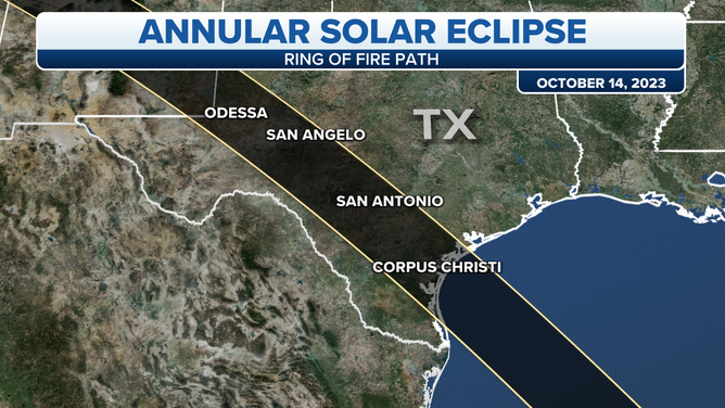 The path of the Oct. 14 annular eclipse in Texas.