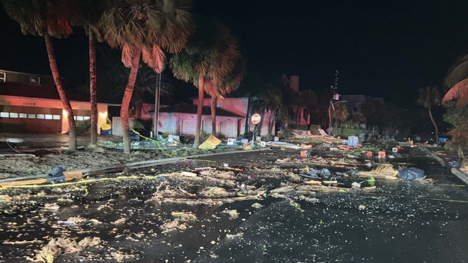 Apparent tornado damage is seen in North Clearwater Beach, Florida, early Thursday morning, Oct. 12, 2023.