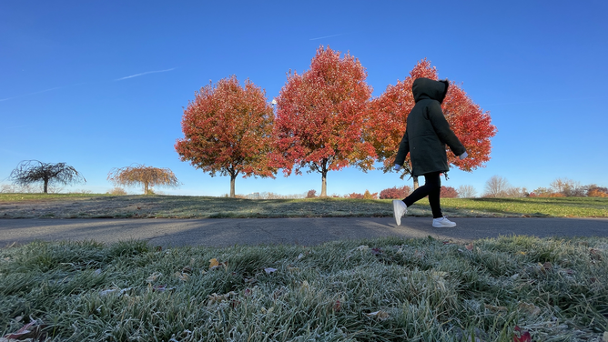FILE - Autumn colors cover trees as people spend their time by walking outside in the early hours of morning at Overpeck County Park in Leonia district of New Jersey, United States on November 20, 2021. (Photo by Islam Dogru/Anadolu Agency via Getty Images)