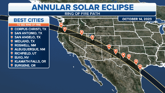 Each state from Oregon to Texas with the path of solar eclipse highlighted.