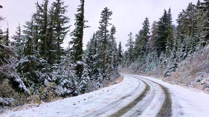 Snowfall on SR 542/Mt. Baker Hwy in Washington. Oct. 25, 2023.