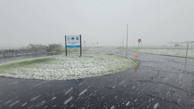 Snowy conditions at the National Weather Service office in Chicago. Oct. 31, 2023.