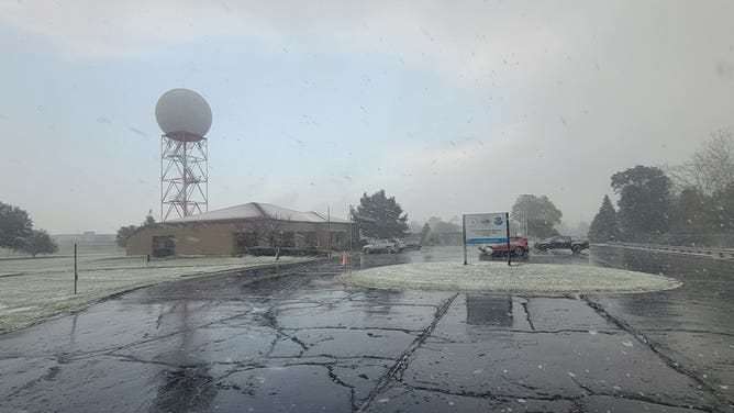Snowy conditions at the National Weather Service office in Chicago. Oct. 31, 2023.