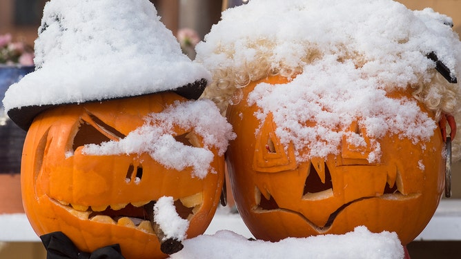 Snow collected on Halloween pumpkins