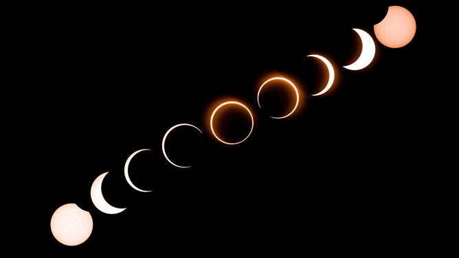 This composite image shows the moon as it moves in front of the sun in a rare "ring of fire" solar eclipse as seen from Tanjung Piai in Malaysia on December 26, 2019.