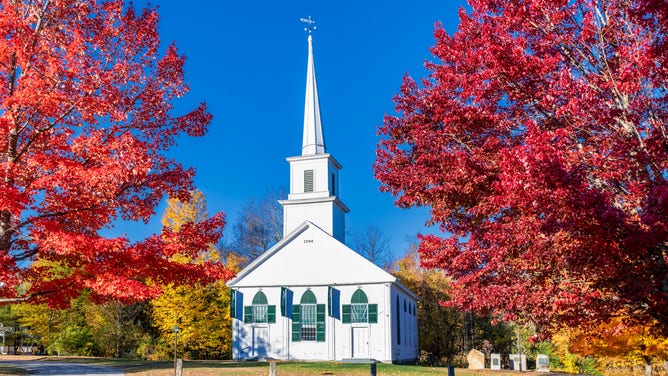 MILLINGTON, NEW SALEM, MASSACHUSETTS, UNITED STATES - 2019/10/19: Charming New England church with autumn color. (Photo by John Greim/LightRocket via Getty Images)