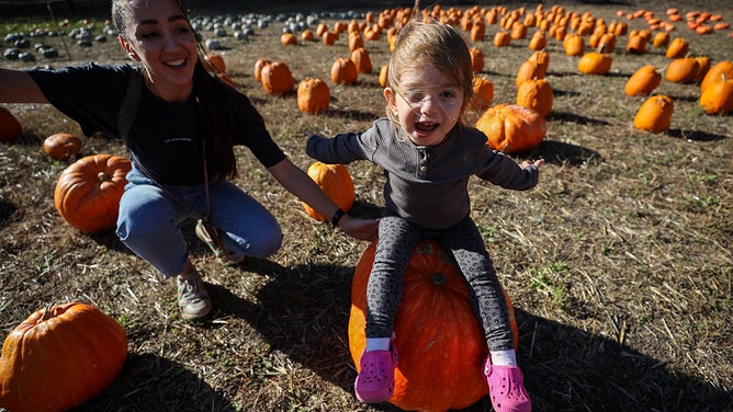 Mother Elif Karakoc enjoys with her daughter Mila during picking pumpkins at a pumpkin patch in Half Moon Bay, California,on October 2, 2022.