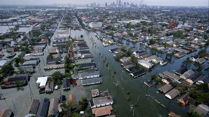 Flood waters from Hurricane Katrina cover streets on August 30, 2005, in New Orleans, Louisiana.