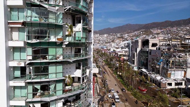 View of a building partially destroyed after the passage of Hurricane Otis in Acapulco, Guerrero State, Mexico, on October 26, 2023.