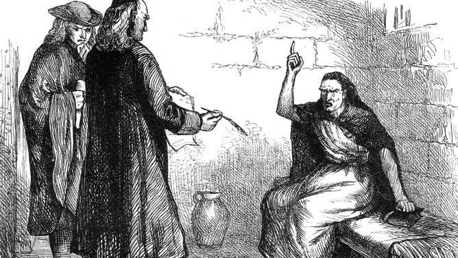 Martha Corey and her prosecutors, Salem, Massachusetts, c1692 (c1880). Martha Corey (c1627-1692) was one of the accused at the notorious Salem Witch Trials of 1692. Found guilty, she was executed by hanging. Her husband, Giles, who defended Martha against the allegations, was also put to death. A print from Cassell's History of the United States, by Edmund Ollier, Volume I, Cassell Petter and Galpin, London, c1880. (Photo by The Print Collector/Print Collector/Getty Images)