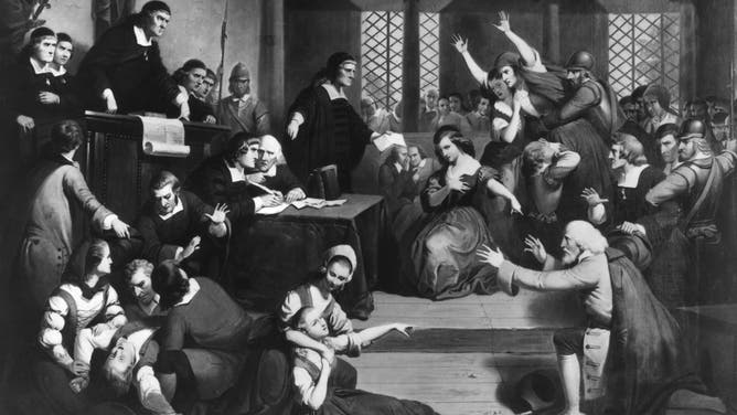 Circa 1692, The trial of George Jacobs for witchcraft at the Essex Institute in Salem, Massachusetts. (Photo by MPI/Getty Images)