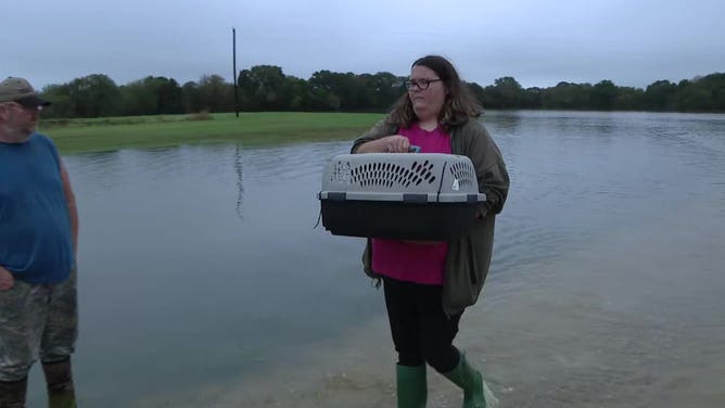 A resident carries a pet carrier through floodwater in Kaufman County, Texas, on Oct. 28, 2023.