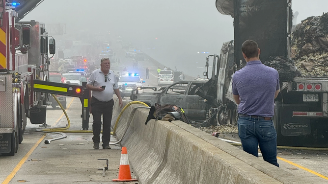 A deadly pileup caused by dense fog and wildfire smoke is seen on Interstate 55 northwest of New Orleans, Louisiana, on Monday, Oct. 23, 2023.