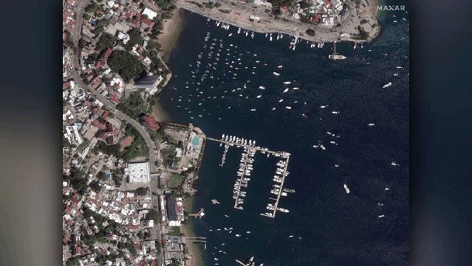 Before and after shots of boats in a marina in Acapulco Bay, Mexico, show impact of Hurricane Otis in October 2023.