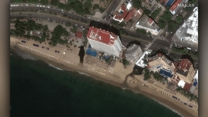 Before and after shots of the Krystal hotel and beachfront in Acapulco, Mexico, show impact of Hurricane Otis in October 2023.