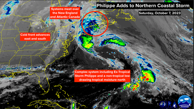 Former Tropical Storm Philippe quasi-merged into a huge non-tropical low-pressure system well offshore of the Carolina coast yesterday.