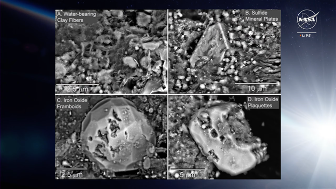 Four images of sample under an electron microscope. Water-bearing clay minerals (top left), sulfide mineral (top right), and iron oxide minerals (bottom images).
