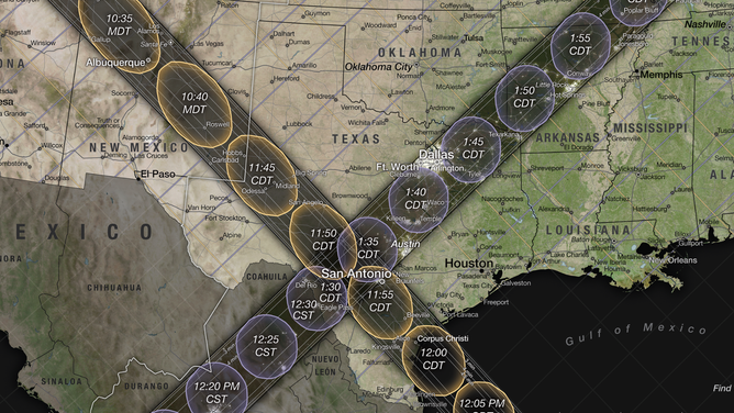 A map showing where the Moon’s shadow will cross the U.S. during the 2023 annular solar eclipse and 2024 total solar eclipse.