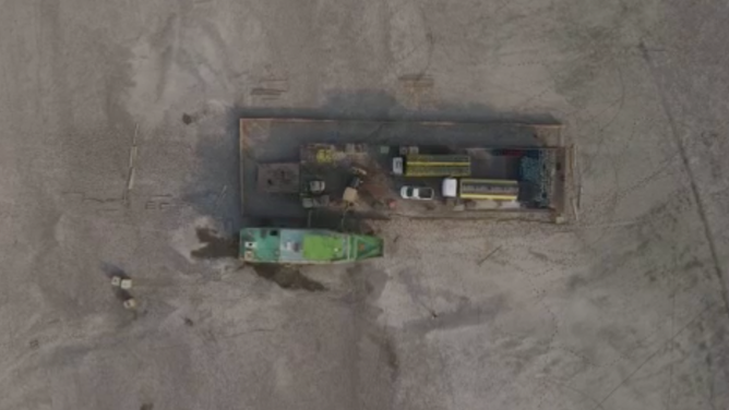 A ship stranded in drought conditions on the Amazon as seen from a screenshot taken from aerial video.