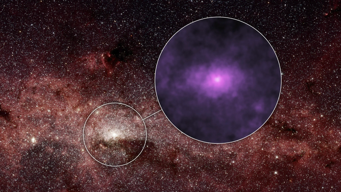 NASA’s Nuclear Spectroscopic Telescope Array, or NuSTAR, has captured a new high-energy X-ray view (magenta) of the bustling center of our Milky Way galaxy. The smaller circle shows the center of our galaxy where the NuSTAR image was taken. 