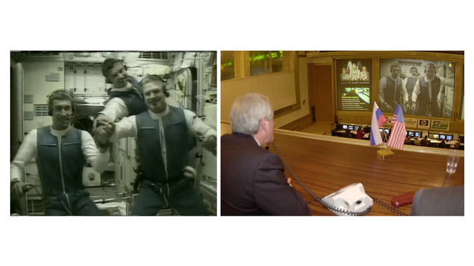 Left: The Expedition 1 crew, Sergei K. Krikalev, left, Yuri P. Gidzenko, and William M. Shepherd, on the International Space Station and talking to the Flight Control Center in Korolev, Russia, outside of Moscow. Right: NASA Administrator Daniel Golden speaking with the Expedition 1 crew from Russia’s Flight Control Center.