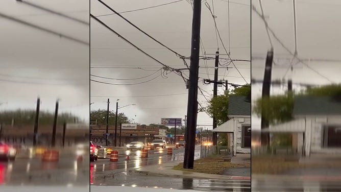 Debris flies through the air during a tornado in San Antonio, Texas, on Oct. 26, 2023.