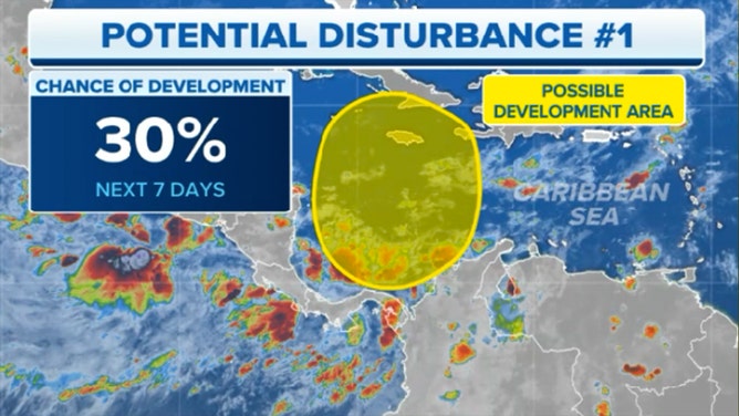 The National Hurricane Center outlined an area in the southwestern Caribbean Sea for possible tropical development.