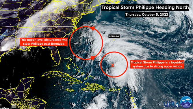 A satellite image of Tropical Storm Philippe on Thursday, October 5, 2023.