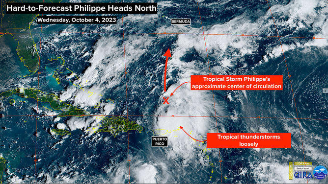 A satellite image of Tropical Storm Philippe on Wednesday, October 4, 2023.