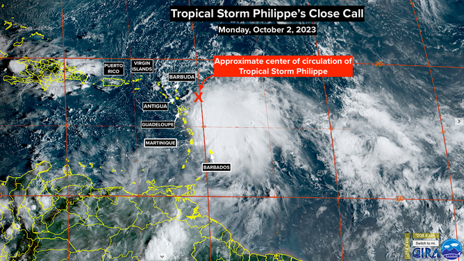 A satellite image of Tropical Storm Philippe.