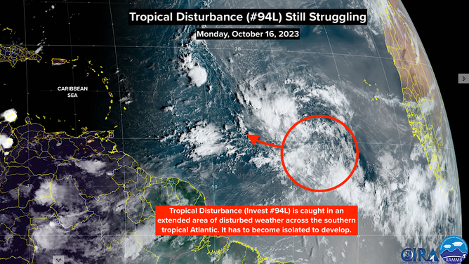 A satellite image of Invest 94L in the central tropical Atlantic Ocean on Monday, October 16, 2023.