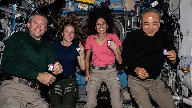 (From left) Astronauts Andreas Mogensen, Loral O’Hara, Jasmin Moghbeli, and Satoshi Furukawa show off dosimeters that monitor the amount of radiation the crew is exposed to in space.