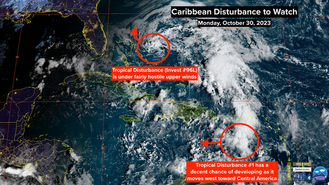 A satellite image of Invest 96L and a tropical disturbance on Monday, October 30, 2023.