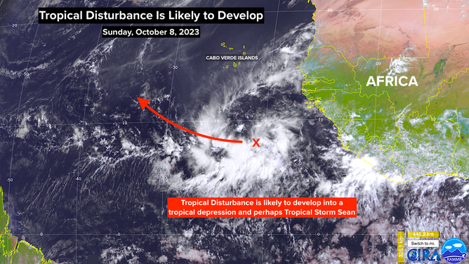 A satellite image of Invest 92L off the coast of Africa on Sunday, October 8, 2023.