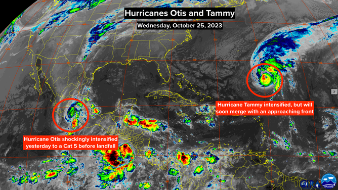 A satellite image of hurricane's Tammy and Otis on Wednesday, October 25, 2023.