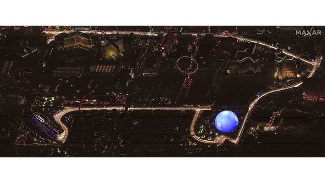 Maxar collected nighttime satellite imagery Tuesday of Las Vegas, Nevada that provides a dramatic look at the city, the Sphere and the race course for this weekend’s Formula 1 Las Vegas Grand Prix.