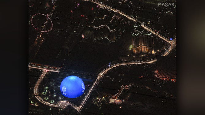 Maxar collected nighttime satellite imagery Tuesday of Las Vegas, Nevada that provides a dramatic look at the city, the Sphere and the race course for this weekend’s Formula 1 Las Vegas Grand Prix.