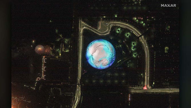 Maxar collected nighttime satellite imagery Tuesday of Las Vegas, Nevada that provides a dramatic look at the city, the Sphere and the race course for this weekend’s Formula 1 Las Vegas Grand Prix.
