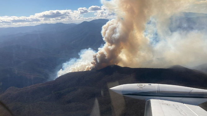 An aerial view of the Black Bear Fire near Great Smoky Mountains National Park. 
