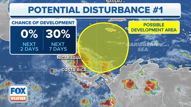 The outlook for a potential disturbance in the southwestern Caribbean Sea.