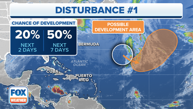 A tropical disturbance in the Atlantic Ocean has a medium chance of developing over the next week.