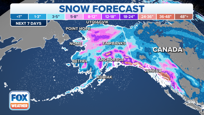 Forecast snow totals in Alaska over the next seven days.