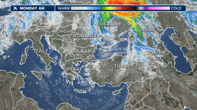 Satellite images show a weather system moving across Europe and will arrive in Ukraine by Wednesday.