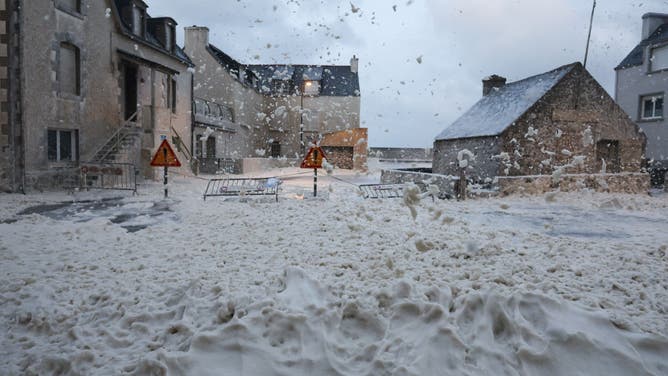 This photograph shows foam in the street of Penmarc'h, western France, on November 2, 2023, as the storm Ciaran hits the region. Much of northwestern Europe went on high alert on November 1, 2023 as a storm dubbed Ciaran threatened to bring gale-force winds and extreme rainfall to the region.