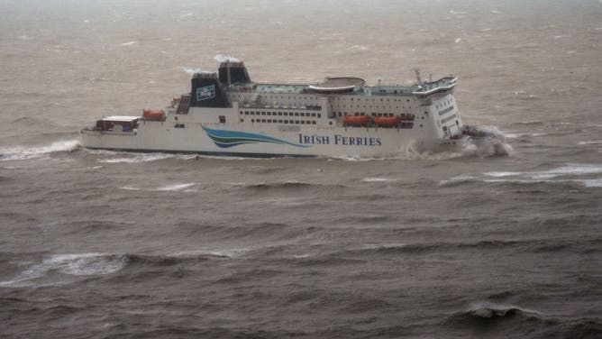 A cross channel ferry sails in strong winds on November 2, 2023 in Dover, England. Storm Ciaran swept across the southwest and south of England overnight posing a formidable threat in certain areas such as Jersey, where winds exceeded 100 mph overnight.