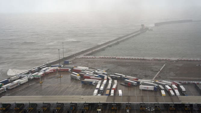 Trucks queue at Dover docks as ferry crossings remain cancelled on November 2, 2023 in Dover, England.