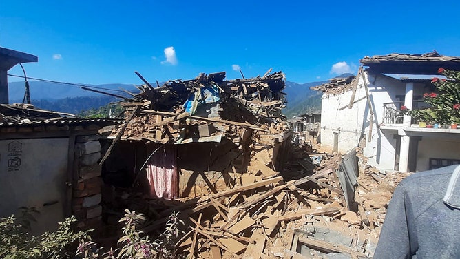 Damaged houses lie in ruins, in the aftermath of an earthquake at Pipaldanda village of Jajarkot district on November 4, 2023.