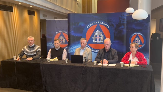REYKJAVIK, ICELAND - NOVEMBER 12: Officials with Almannavarnir, the Department of Civil Protection and Emergency Management, hold a press conference on November 12, 2023 in Reykjavik, Iceland. The country has declared a state of emergency after a series of earthquakes around the Fagradalsfjall volcano in recent weeks, prompting worries of a potential eruption. (Photo by Micah Garen/Getty Images)