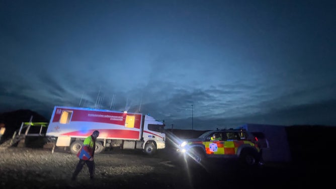 GRINDAVIK, ICELAND - NOVEMBER 12: Emergency workers outside Grindavik on November 12, 2023 in Grindavik, Iceland. Iceland has declared a state of emergency after a series of earthquakes with authorities ordering thousands of people to leave the southwestern town of Grindavík as a precaution.The Icelandic Meteorological Office (IMO) has said there was a considerable risk of a volcanic eruption. (Photo by Micah Garen/Getty Images)