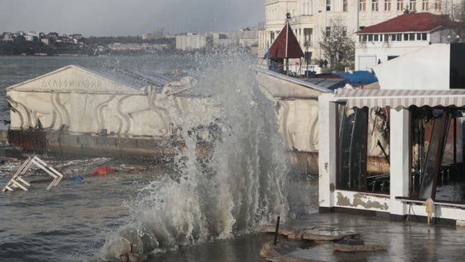 A picture shows damage at a storm-hit seafront in Crimea's largest city of Sevastopol on November 27, 2023.